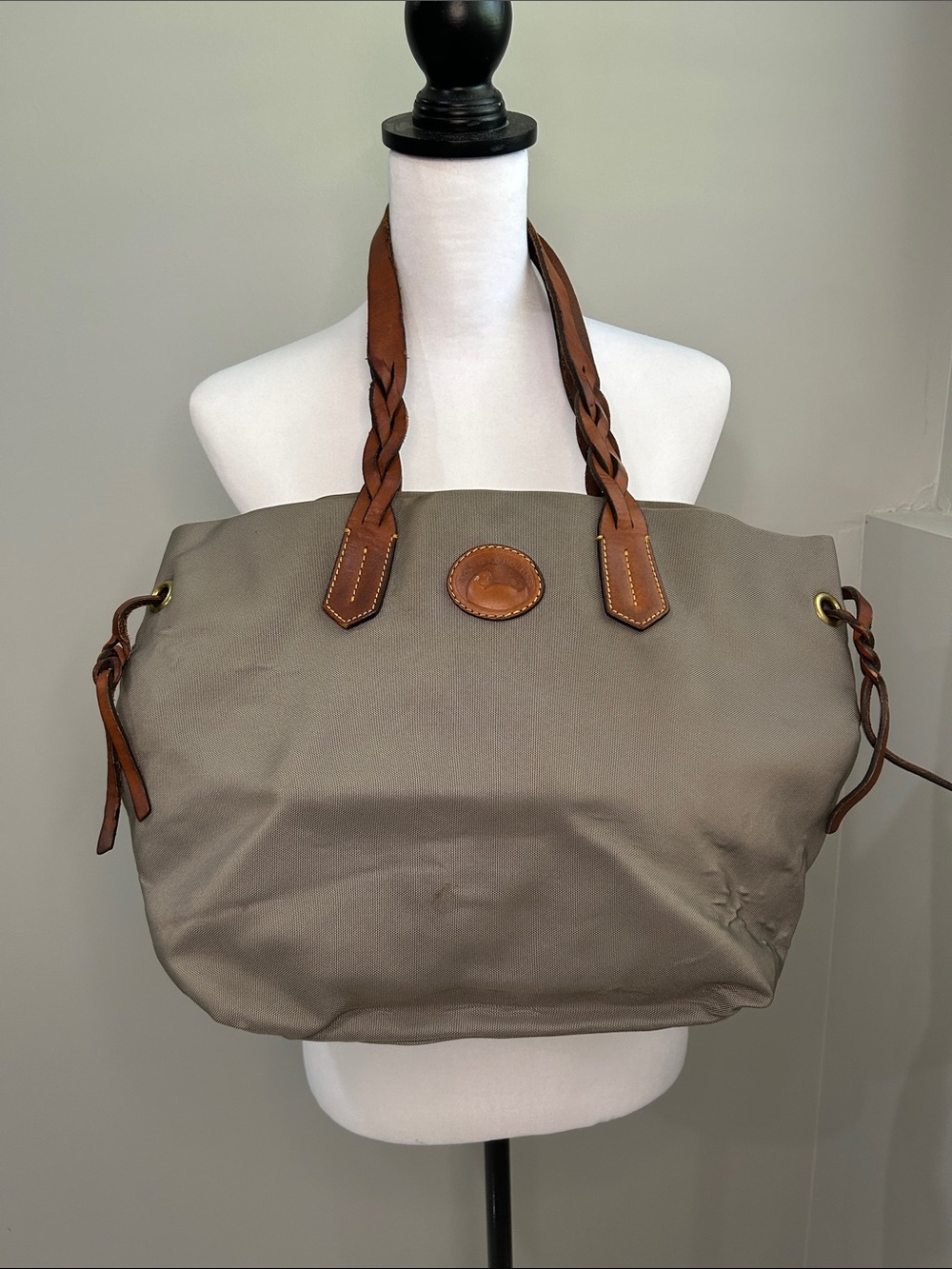 Dooney & Bourke Gray Nylon Tote Braided Leather Straps Snap Closure